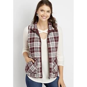 Maurices Maroon Gray Plaid Full Zip Quilted Puffer Vest Pockets Women’s Size S